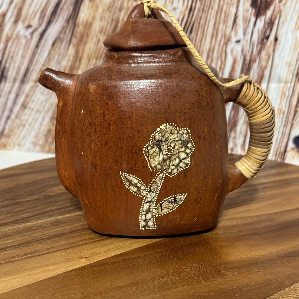 Rustic Brown Teapot with Floral Design